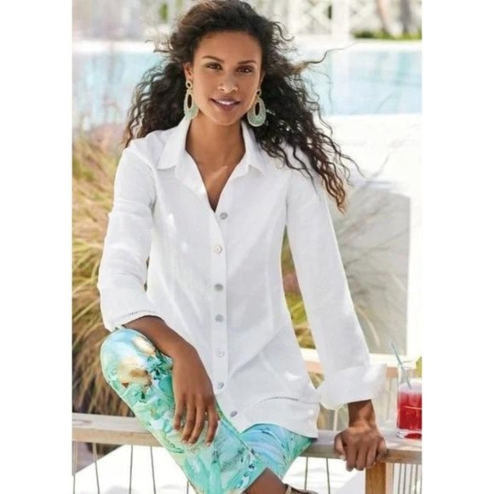 Soft Surroundings Sally Linen Blend White Button Up Shirt Small Boho Coastal